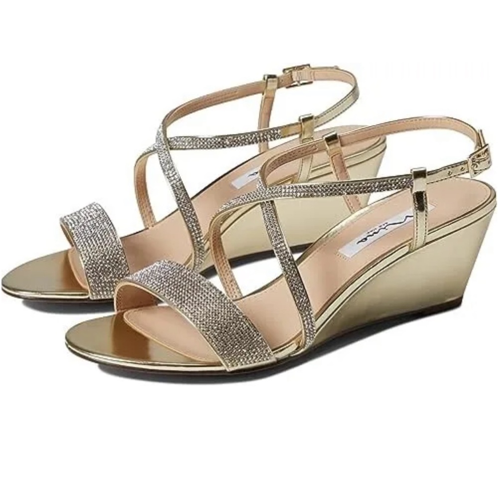 Nina Gold and Rhinestone Wedge Dress Sandals